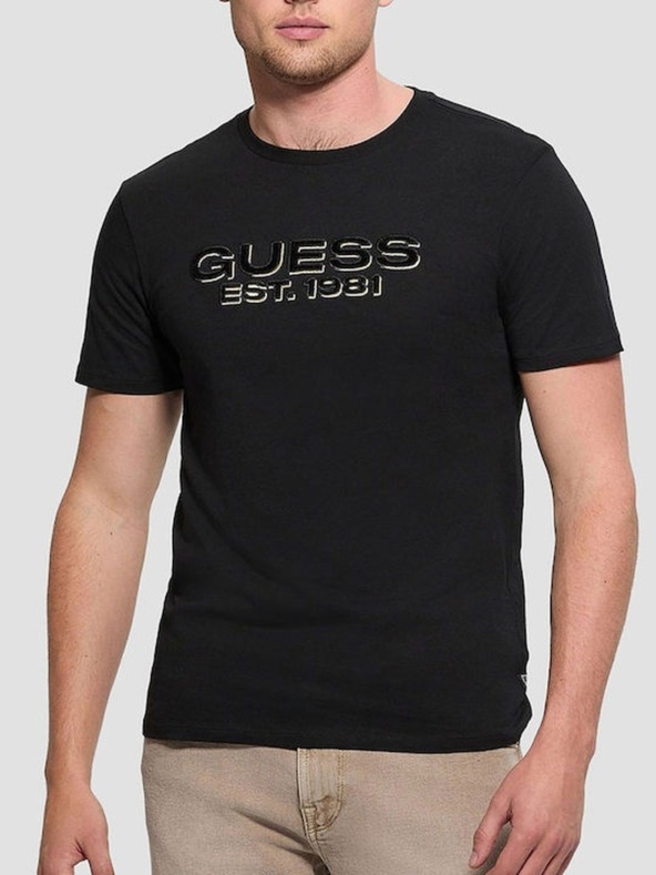 Guess Jeans Pánske čierne tričko s nápisom jet black Guess jeans