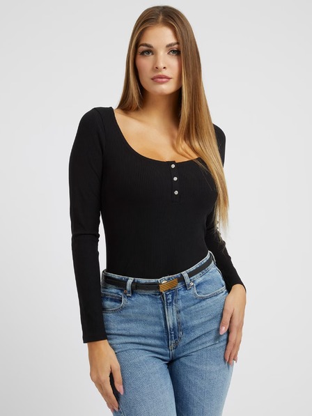 Guess Jeans Dámske čierne tričko s dlhými rukávmi a gombíkmi Guess jeans