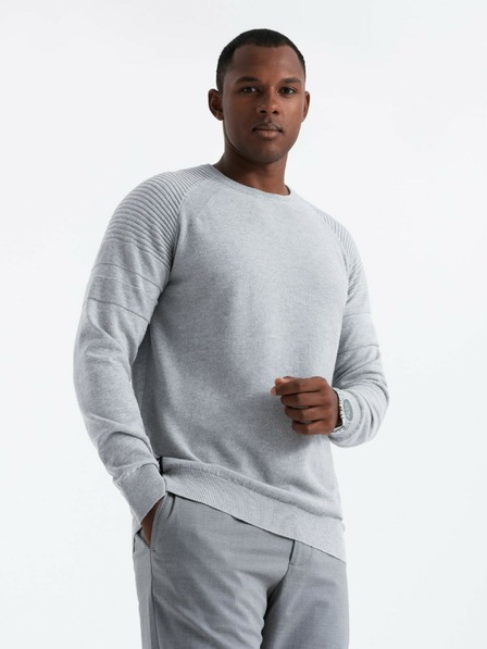 Ombre Clothing Pánsky raglánový sveter s rebrovanými rukávmi sivý melír Ombre Oblečenie
