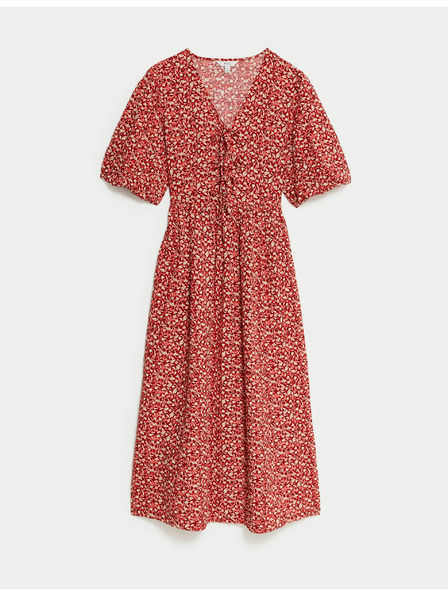 Marks & Spencer Kvetinové midi šaty s véčkovým výstrihom a zvýrazneným pásom, vysoká bavlna Marks & Spencer červená
