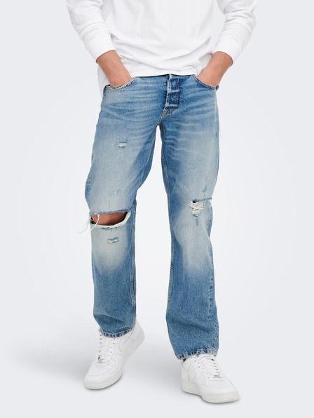 ONLY & SONS Modré voľné džínsy s roztrhaným efektom ONLY & SONS Edge