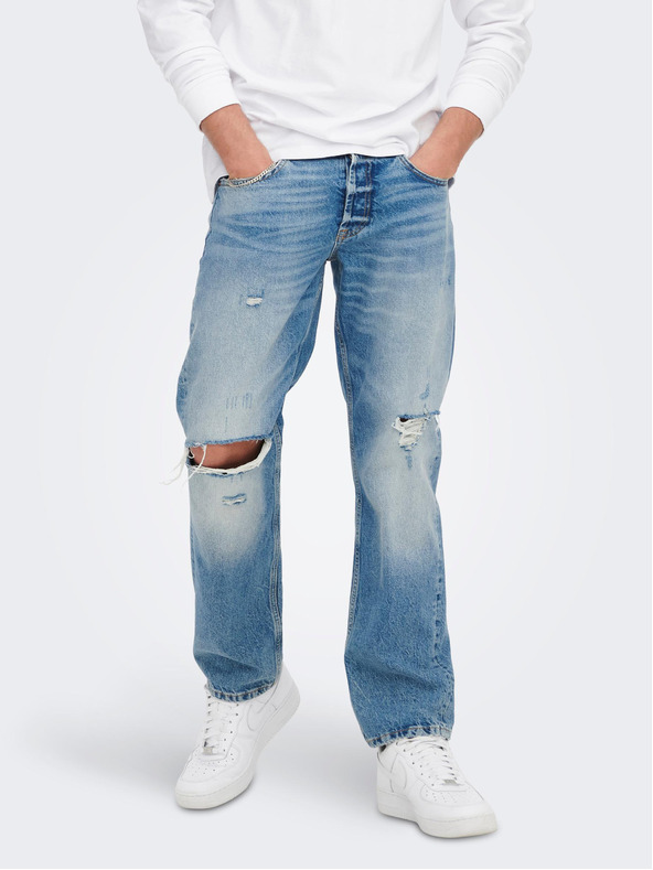 ONLY & SONS Modré voľné džínsy s roztrhaným efektom ONLY & SONS Edge