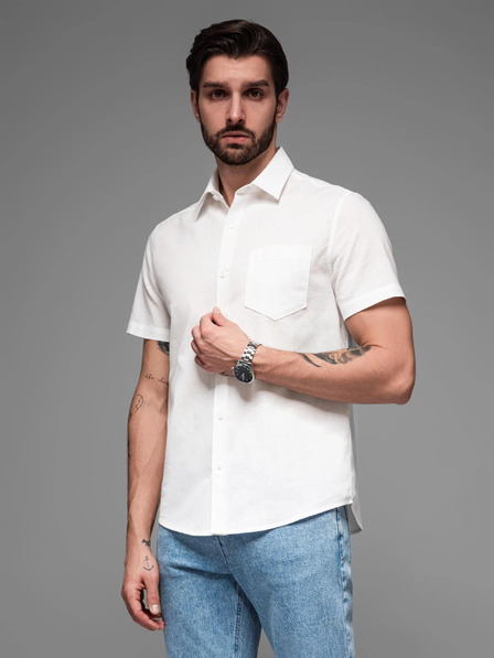 Ombre Clothing Pánska košeľa s krátkym rukávom a kubánskym golierom biela Ombre Clothing