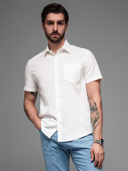 Ombre Clothing Pánska košeľa s krátkym rukávom a kubánskym golierom biela Ombre Clothing