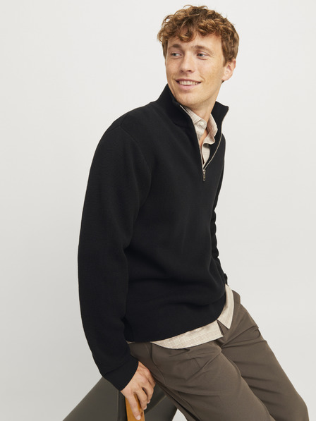 Jack & Jones Čierny pánsky sveter Jack & Jones so zipsom