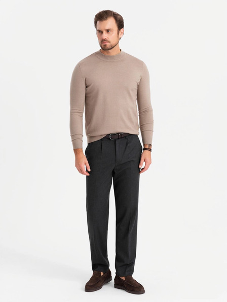 Ombre Clothing Pánsky pletený polovičný rolák s viskózou - tmavobéžový V3 OM-SWTN-0125 Oblečenie Ombre