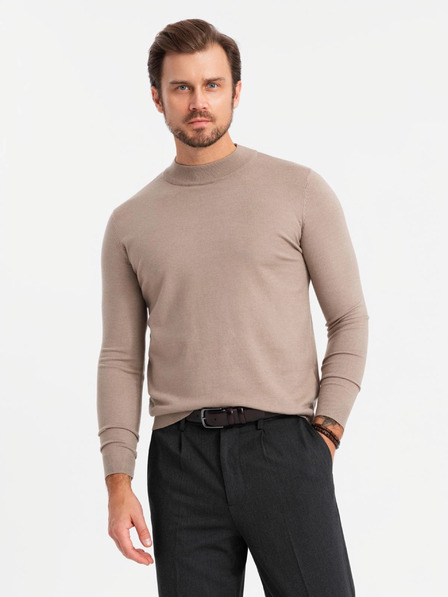 Ombre Clothing Pánsky pletený polovičný rolák s viskózou - tmavobéžový V3 OM-SWTN-0125 Oblečenie Ombre