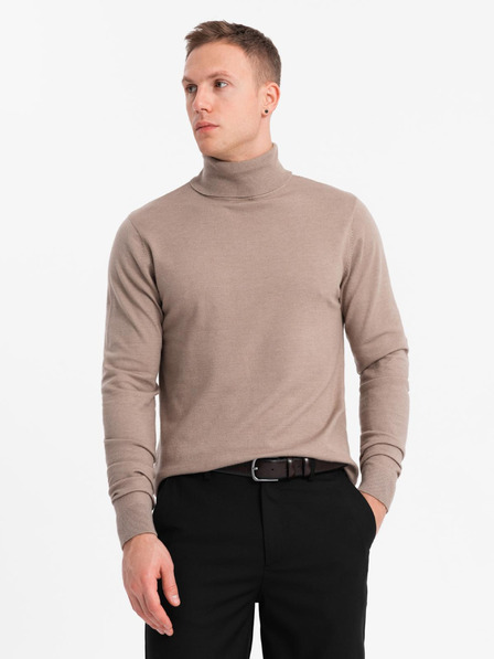 Ombre Clothing Pánsky pletený rolák s viskózou - tmavobéžový V3 OM-SWTN-0127 Ombre Clothing