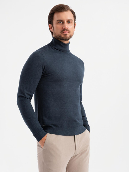 Ombre Clothing Pánsky pletený rolák s viskózou - tmavomodrý V4 OM-SWTN-0127 Ombre Clothing