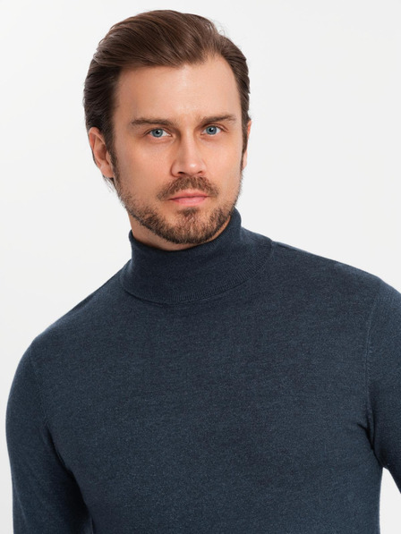 Ombre Clothing Pánsky pletený rolák s viskózou - tmavomodrý V4 OM-SWTN-0127 Ombre Clothing