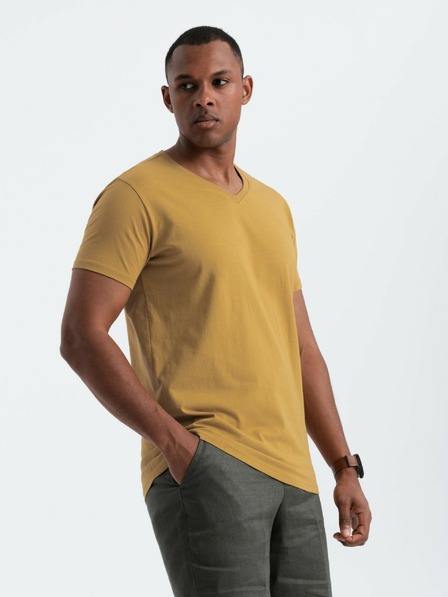 Ombre Clothing Pánske klasické bavlnené tričko BASIC s výstrihom - horčicové V8 OM-TSBS-0145 Ombre Clothing