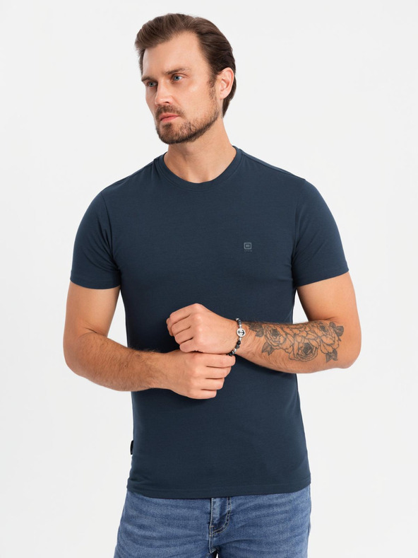 Ombre Clothing Pánske bavlnené tričko s trojfarebnou potlačou - biela a tmavomodrá V3 OM-TSCT-0174 Ombre Clothing