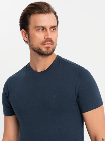 Ombre Clothing Pánske bavlnené tričko s trojfarebnou potlačou - biela a tmavomodrá V3 OM-TSCT-0174 Ombre Clothing
