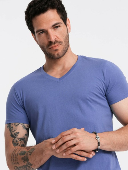 Ombre Clothing Pánske bavlnené klasické tričko BASIC s výstrihom do V - fialové V12 OM-TSBS-0145 Oblečenie Ombre