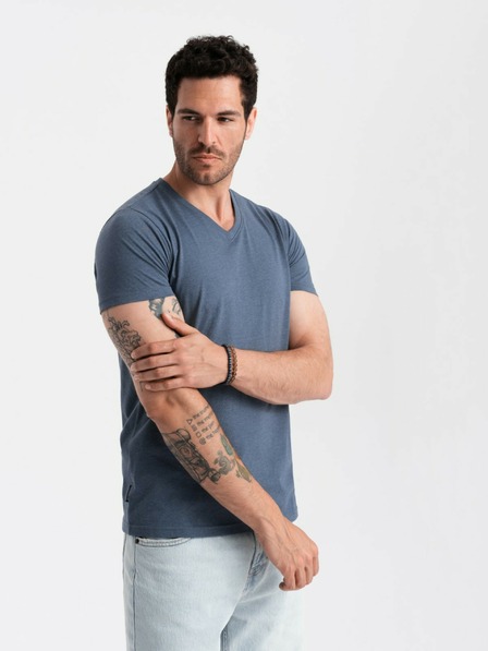 Ombre Clothing Pánske bavlnené tričko BASIC s klasickým výstrihom do V - modré V18 OM-TSBS-0145 Oblečenie Ombre