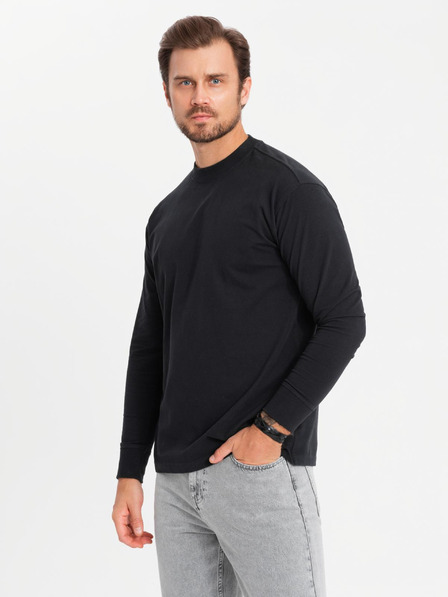 Ombre Clothing Pánske bavlnené tričko LOOSE FIT s dlhým rukávom a okrúhlym výstrihom - čierne V1 OM-LSBC-0129 Ombre Clothing