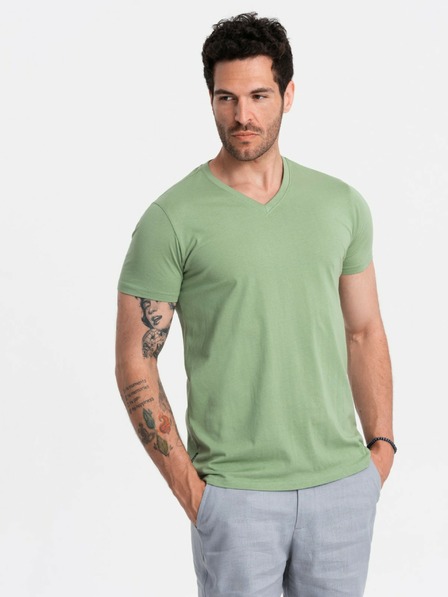 Ombre Clothing Klasické bavlnené pánske tričko BASIC s výstrihom do V - zelené V11 OM-TSBS-0145 Ombre Clothing