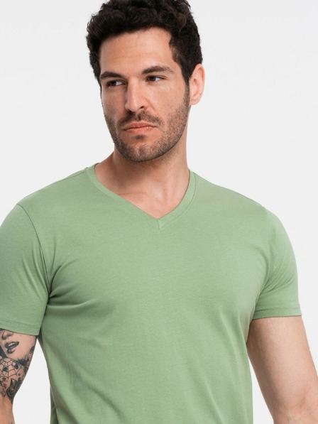 Ombre Clothing Klasické bavlnené pánske tričko BASIC s výstrihom do V - zelené V11 OM-TSBS-0145 Ombre Clothing