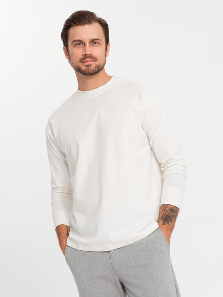 Ombre Clothing Pánske bavlnené tričko LOOSE FIT s dlhým rukávom a okrúhlym výstrihom - krémové V2 OM-LSBC-0129 Ombre Clothing