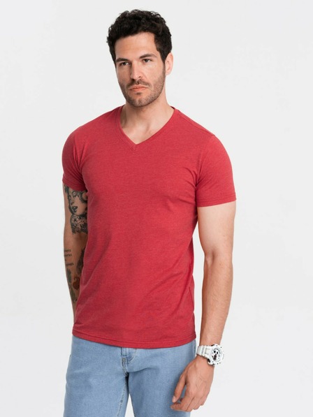 Ombre Clothing Klasické bavlnené pánske tričko BASIC s výstrihom do V - červené V17 OM-TSBS-0145 Ombre Clothing