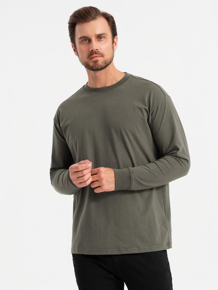 Ombre Clothing Pánske bavlnené tričko LOOSE FIT s dlhým rukávom a okrúhlym výstrihom - sivozelené V3 OM-LSBC-0129 Ombre Clothing