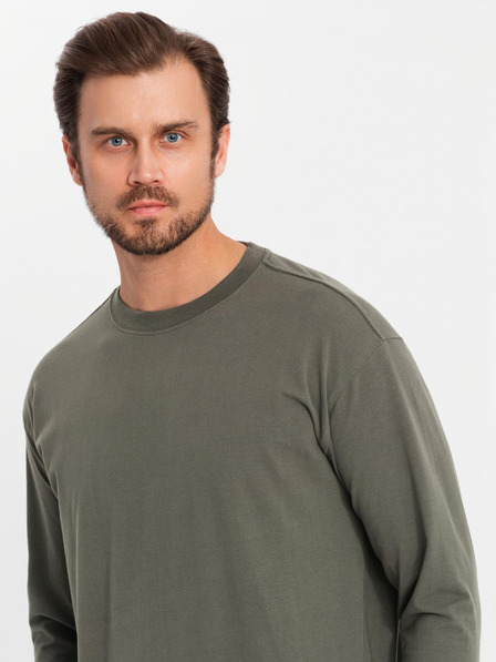 Ombre Clothing Pánske bavlnené tričko LOOSE FIT s dlhým rukávom a okrúhlym výstrihom - sivozelené V3 OM-LSBC-0129 Ombre Clothing