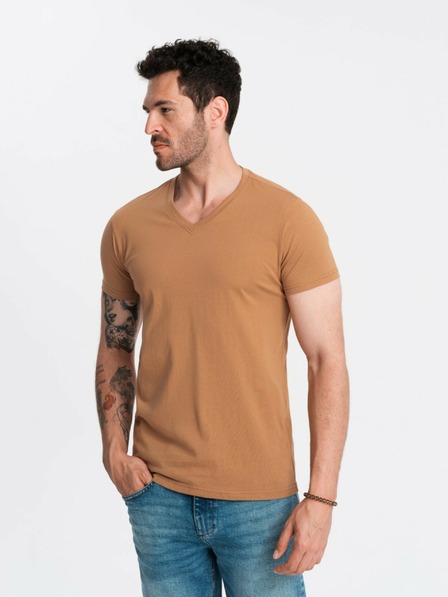 Ombre Clothing Klasické bavlnené pánske tričko BASIC s výstrihom do V - hnedé V9 OM-TSBS-0145 Ombre Clothing