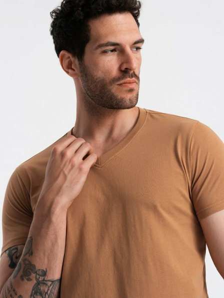 Ombre Clothing Klasické bavlnené pánske tričko BASIC s výstrihom do V - hnedé V9 OM-TSBS-0145 Ombre Clothing