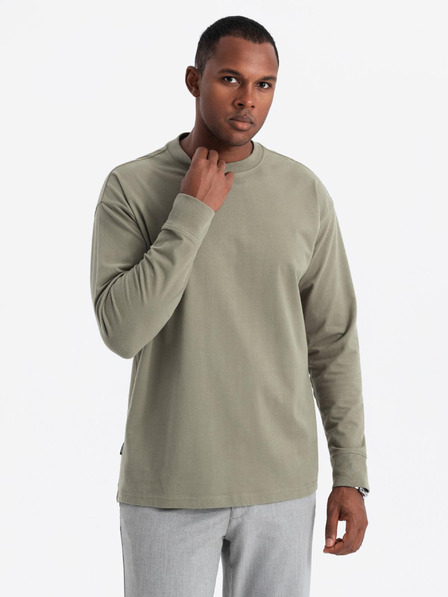 Ombre Clothing Pánske bavlnené tričko LOOSE FIT s dlhým rukávom a okrúhlym výstrihom - khaki V4 OM-LSBC-0129 Ombre Clothing