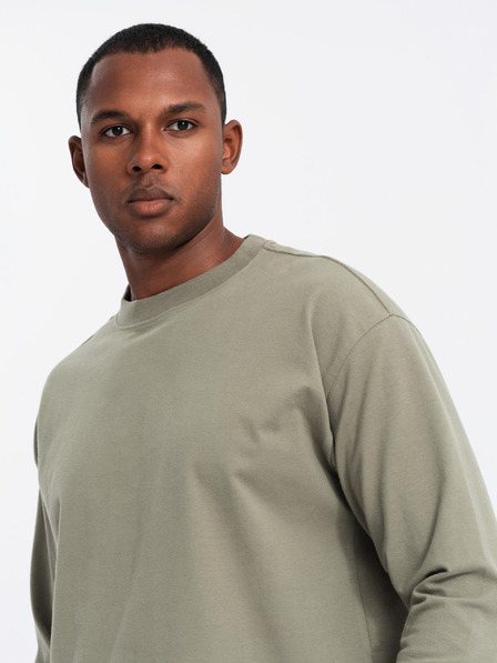 Ombre Clothing Pánske bavlnené tričko LOOSE FIT s dlhým rukávom a okrúhlym výstrihom - khaki V4 OM-LSBC-0129 Ombre Clothing