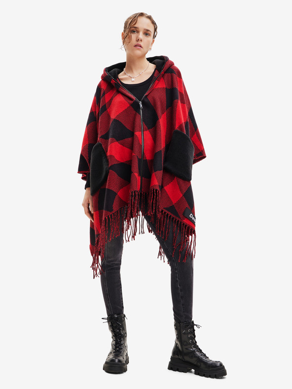 Desigual Čierno-červené dámske kockované pončo Desigual Checkys Arenal/Zipper