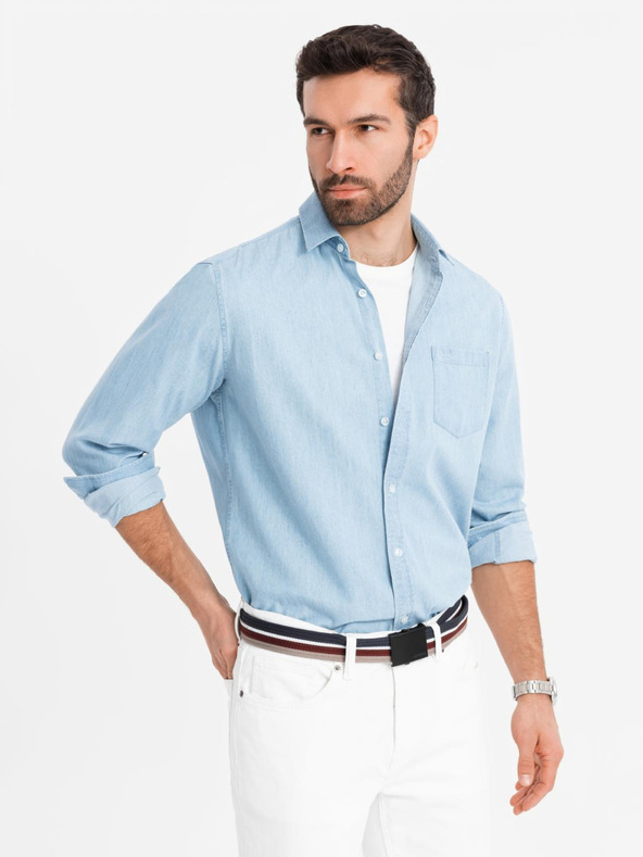 Ombre Clothing Pánska džínsová košeľa s vyšívaným vreckom - svetlomodrá Ombre Clothing