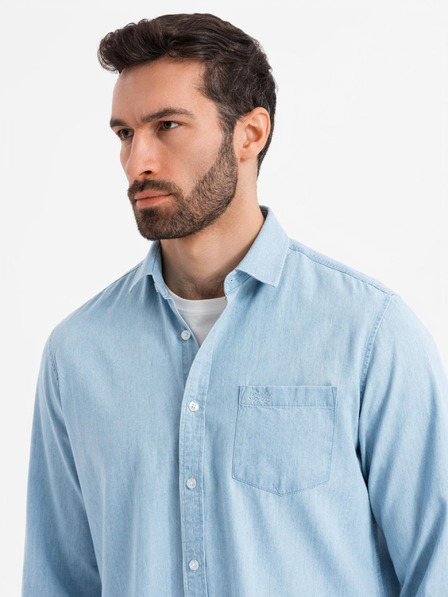 Ombre Clothing Pánska džínsová košeľa s vyšívaným vreckom - svetlomodrá Ombre Clothing
