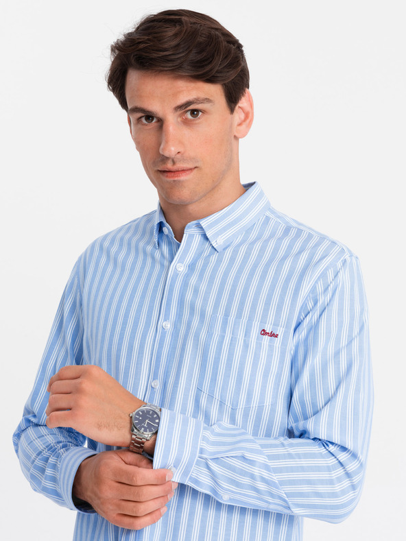 Ombre Clothing Pánska biela pruhovaná košeľa REGULAR FIT s vreckom Ombre Clothing