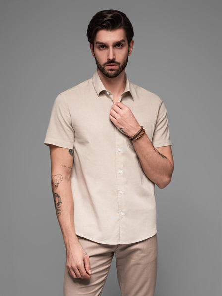 Ombre Clothing Pánska košeľa s krátkym rukávom a kubánskym golierom béžová Ombre Oblečenie