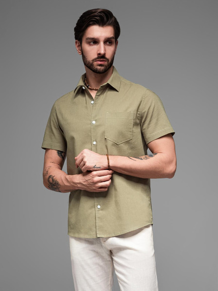 Ombre Clothing Pánska košeľa s krátkym rukávom a kubánskym golierom khaki Oblečenie Ombre