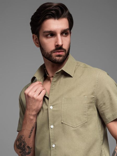 Ombre Clothing Pánska košeľa s krátkym rukávom a kubánskym golierom khaki Oblečenie Ombre