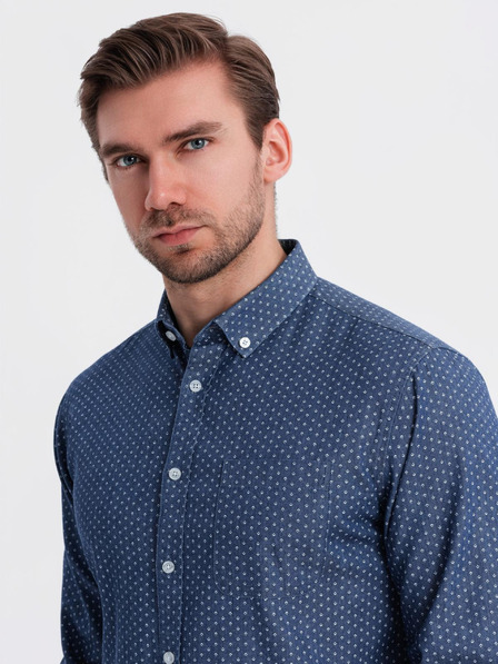 Ombre Clothing Pánska vzorovaná jemná džínsová košeľa s vreckom - modrá Ombre Clothing