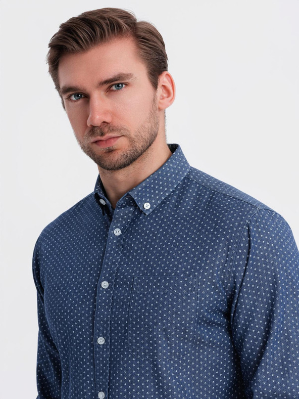 Ombre Clothing Pánska vzorovaná jemná džínsová košeľa s vreckom - modrá Ombre Clothing