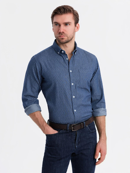 Ombre Clothing Pánska vzorovaná jemná džínsová košeľa s vreckom - modrá Ombre Clothing