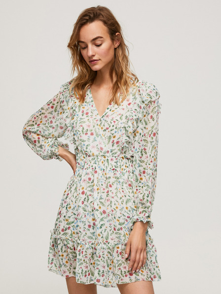 Pepe Jeans Krémové dámske kvetované krátke šaty s volánom Pepe Jeans Dina