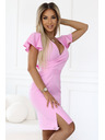 numoco 479-10 NINA elegantné šaty s výstrihom do V, rukávmi a páskom - cukríkovo ružové