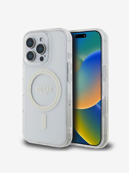 Guess IML Glitter Ring MagSafe Zadní Kryt pro iPhone 16 Pro Max Transparent Obal na telefón