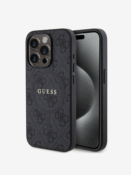 Guess PU Leather 4G Colored Ring MagSafe Zadní Kryt pro iPhone 15 Pro Black Obal na telefón