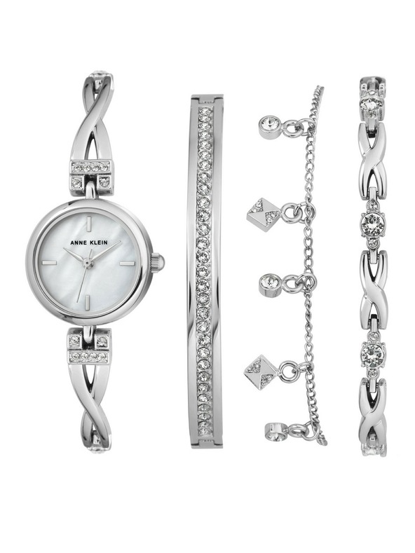 Anne Klein Strieborná dámska súprava hodiniek a šperkov Anne Klein