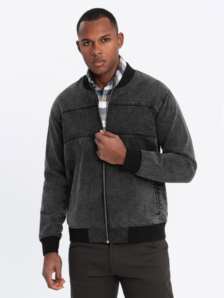 Ombre Clothing Pánska džínsová bunda bomber s efektom stone wash - čierna V2 OM-JADJ-0163 Ombre Clothing