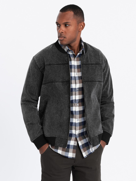 Ombre Clothing Pánska džínsová bunda bomber s efektom stone wash - čierna V2 OM-JADJ-0163 Ombre Clothing
