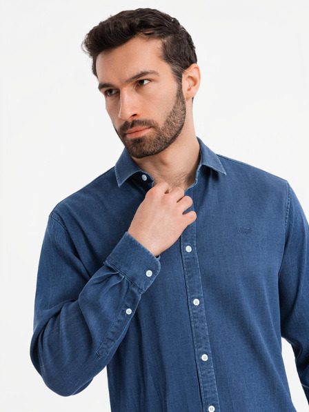 Ombre Clothing Pánska džínsová košeľa s lyocellom a výšivkou na hrudi Ombre Clothing