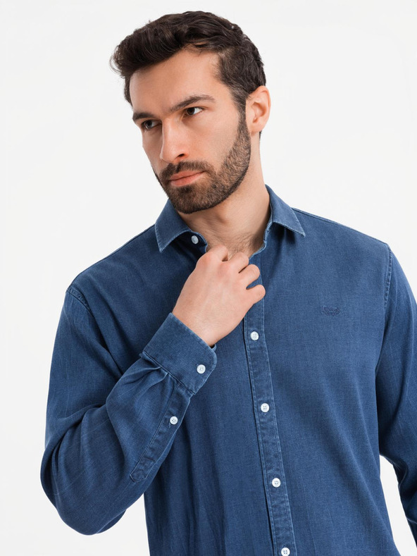 Ombre Clothing Pánska džínsová košeľa s lyocellom a výšivkou na hrudi Ombre Clothing