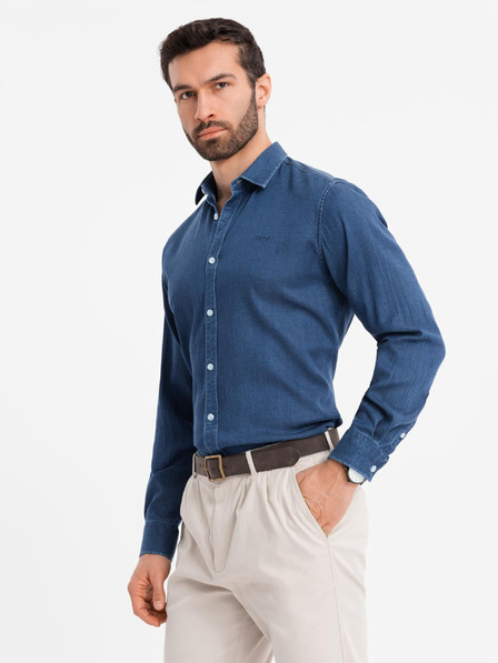Ombre Clothing Pánska džínsová košeľa s lyocellom a výšivkou na hrudi Ombre Clothing